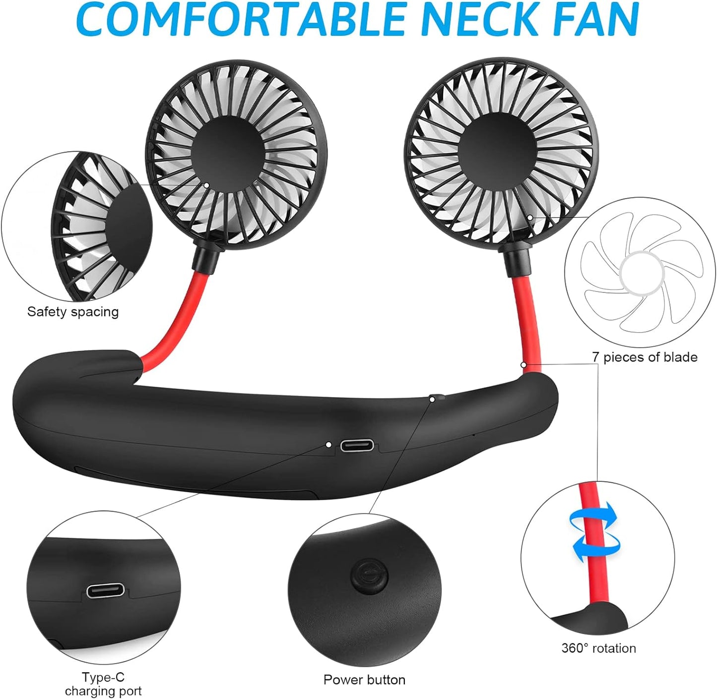 Neck Fan Portable Face Fan Personal USB Hands-Free Mini Wearable Sports Handheld Cooling Small New Fans Around Your Neck for Travel Office Room Household Outdoor, 300*190