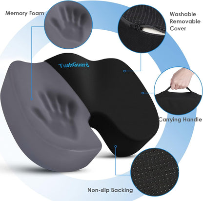 Seat Cushion for Office Desk Chair, Memory Foam, Non-Slip, Cushion Back, Coccyx, Sciatica, Tailbone Pain Relief Butt Pillow for Car, Wheelchair, Black