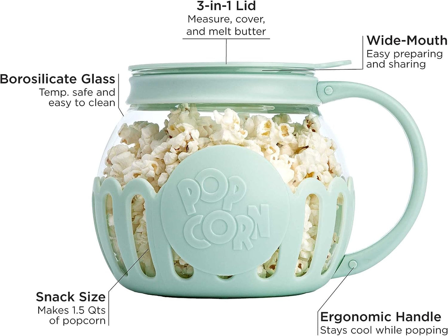 Microwave Popcorn Popper with Temperature Safe Glass, 3-in-1 Lid Measures Kernels and Melts Butter, Made Without BPA, Dishwasher Safe, 3-Quart, Red