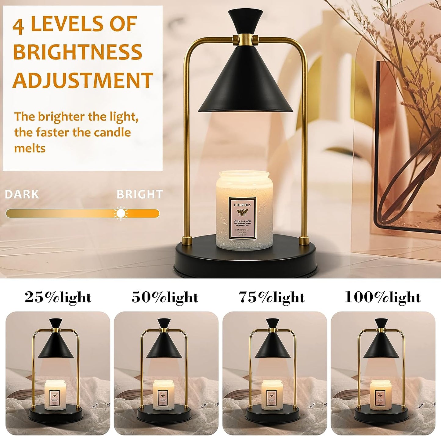 THE Candle Warmer Lamp with 3 Bulbs, Electric Wax Melter Warmer with Timer, Dimmable Candle Warmer Light with White Jar for Small & Large Jar Candles, Aromatic Candle Holders Heater for Home Decor (Black)