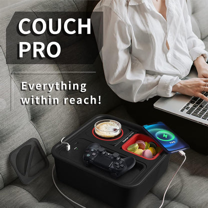 A+ Cup Holder Tray with Wireless Power Bank, Sofa Caddy with Self Balancing Cup Holder & Snack Cup, Sofa Armrest Table Tray, Couch Storage Organizer for Living Room, Car, Game,USB A+C Port