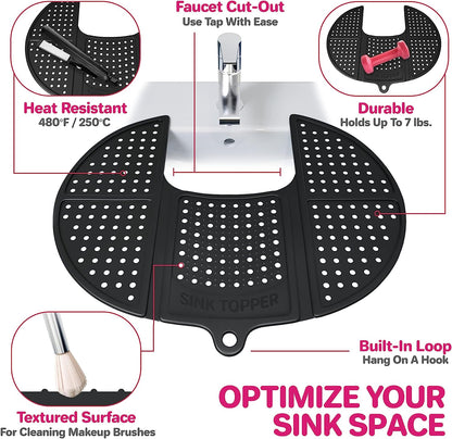 Sink Topper Foldable Sink Cover - Silicone Beauty Makeup Brush Cleaning Mat - Hot Tools Organizer - Bathroom Must Have Accessory for Extra Space & Storage Saver - Traveling - Standard, Black