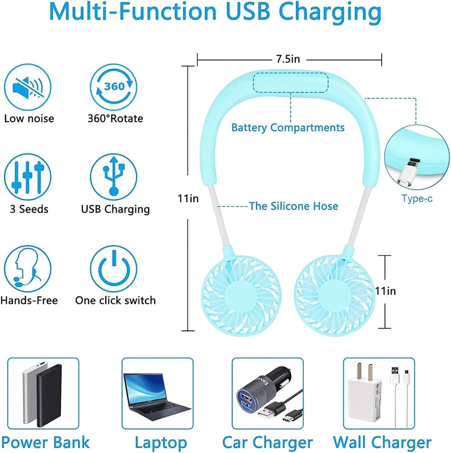 Neck Fan Portable Face Fan Personal USB Hands-Free Mini Wearable Sports Handheld Cooling Small New Fans Around Your Neck for Travel Office Room Household Outdoor, 300*190