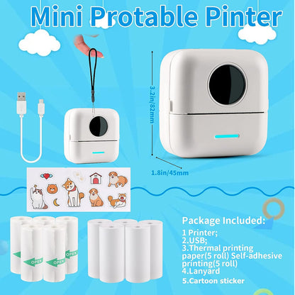 Mini Sticker Printer Bluetooth Smart Pocket Inkless Thermal Printer with 10 Rolls Thermal Paper and Sticker for iOS&Android, Portable Receipt Printer for Photo Journal Notes Memo