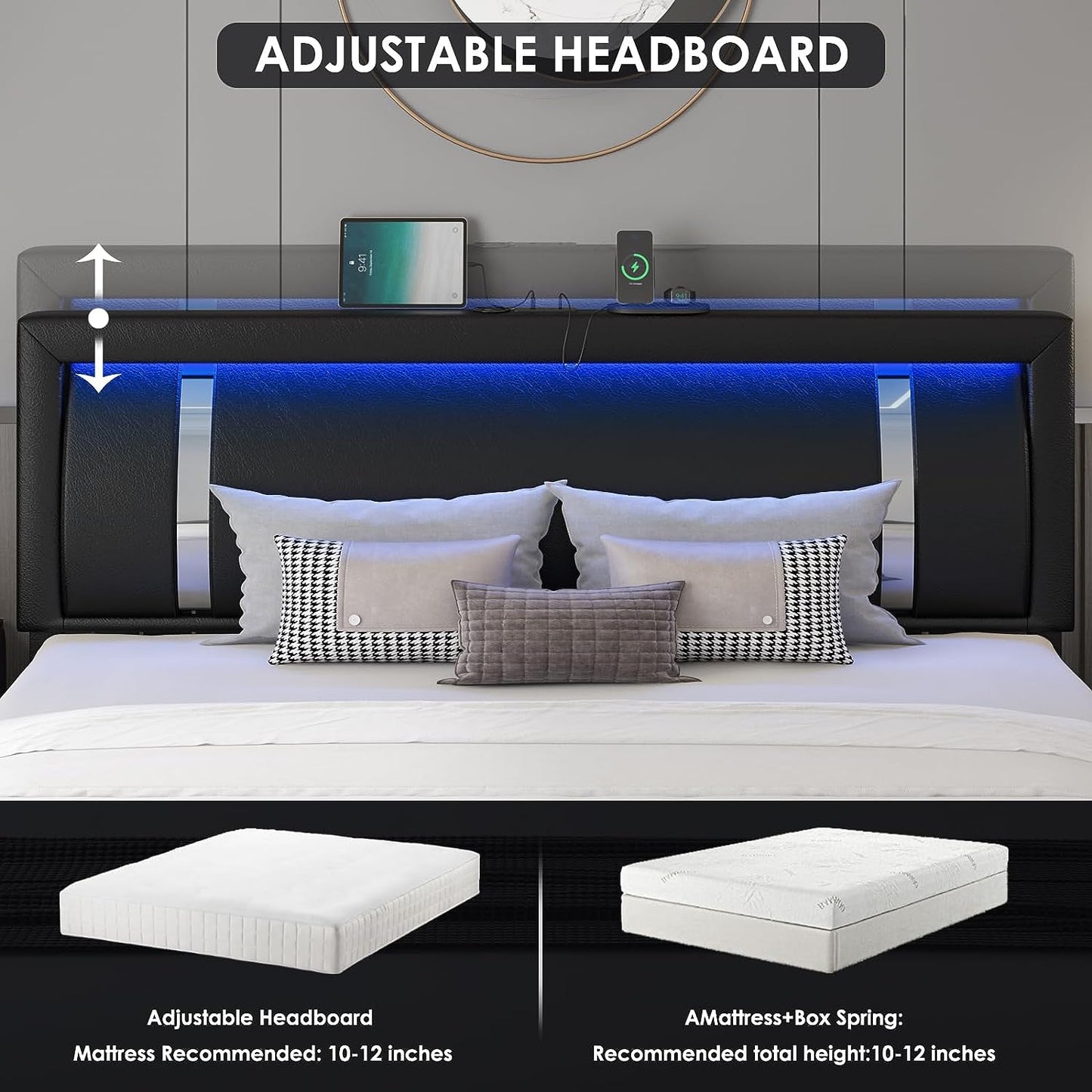 Full Size Bed Frame with RGB LED Lights Headboard & 2 Storage Drawers, Modern Upholstered Faux Leather Smart Platform Bed with Iron Metal Decor, USB & USB-C Charging Ports, No Box Spring Needed, White