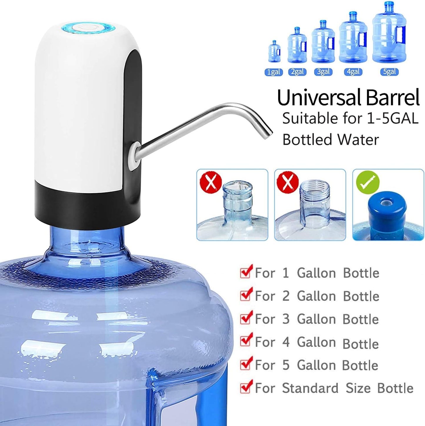 Dispenser 5 Gallon Water Bottle Pump USB Charging Automatic Drinking Water Pump Portable Electric Water Dispenser Water Bottle Switch for Universal 5 Gallon Bottle - Black