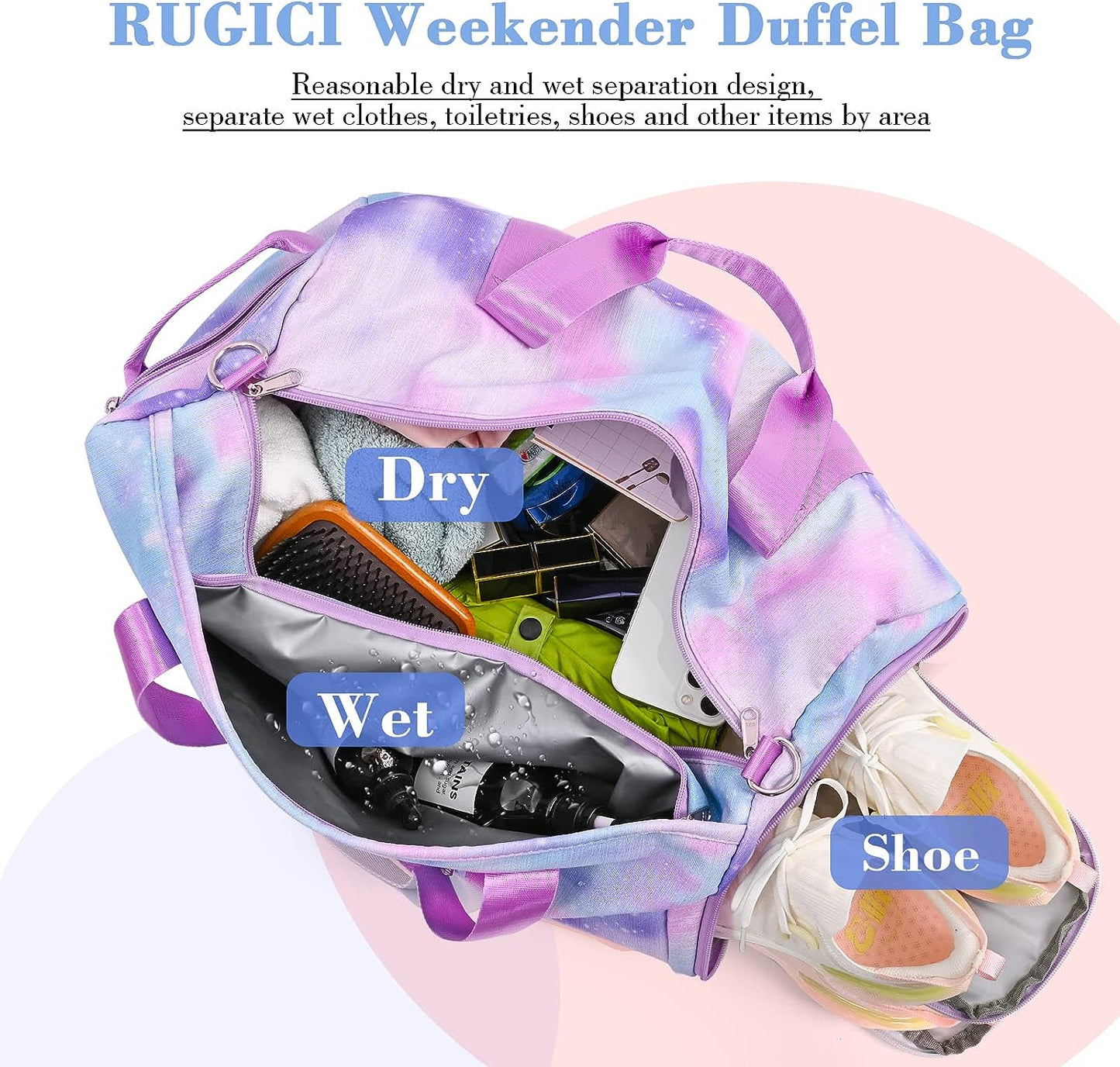 Affordable Travel Duffel Bags for Girls Kids Waterproof Sports Gym Bag for Women, Tie-dye Dance Bag for Girls Teen Overnight Duffel Bag with Shoe Compartment Ballet Small Gym Bag（Pink Rainbow）