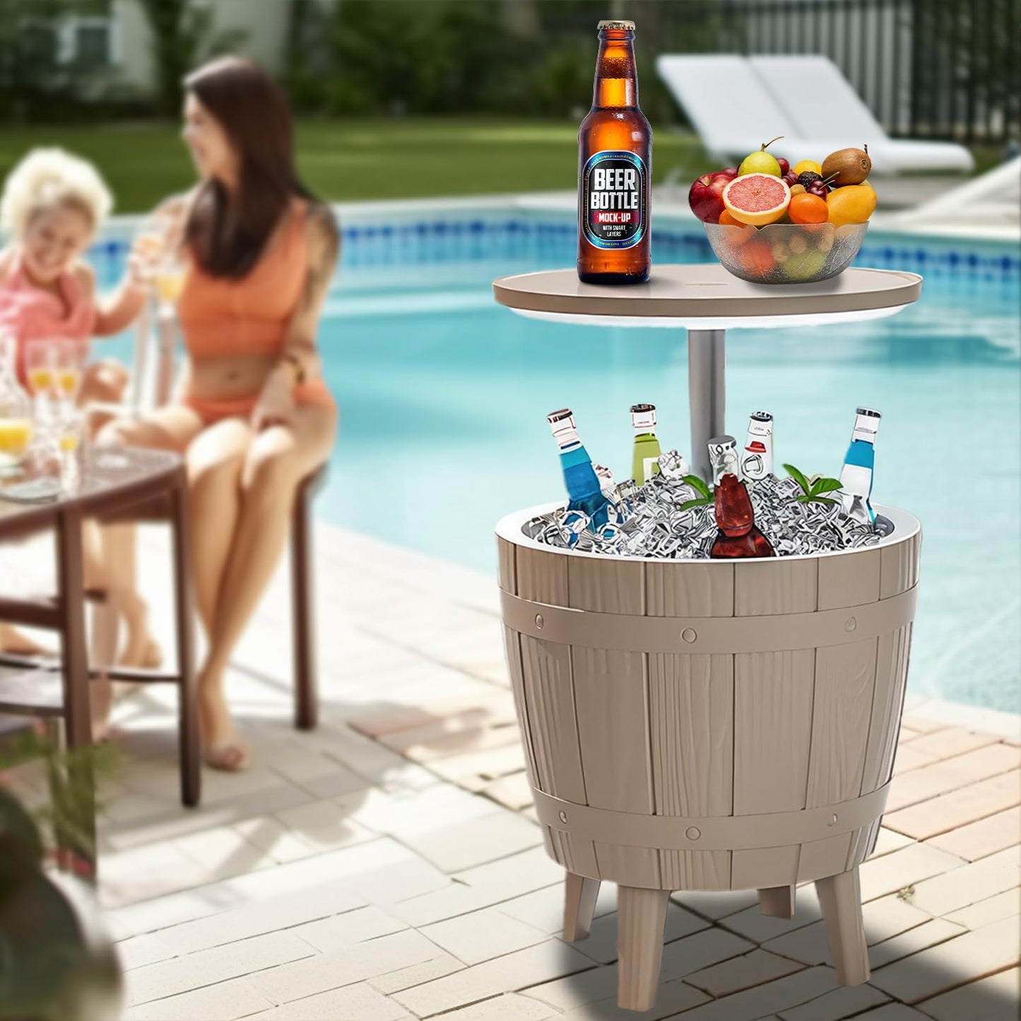 Outdoor Cool Bar Table, 8 Gallon Beer and Wine Cooler Table, Patio Furniture & Hot Tub Side Table, Beverage Cooler, Rattan Style Patio, Cocktail Bar for Patio Pool Party-Grey