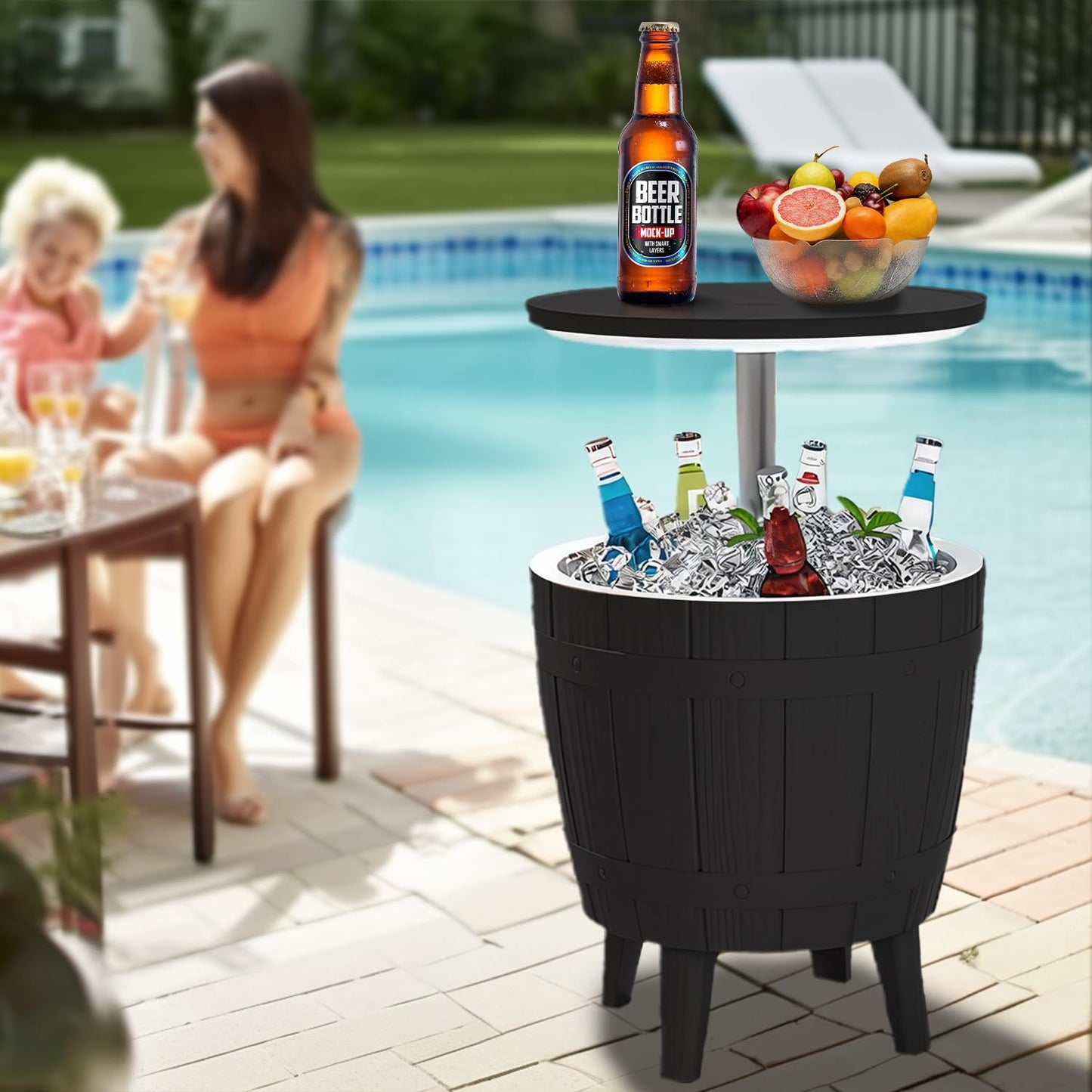 Outdoor Cool Bar Table, 8 Gallon Beer and Wine Cooler Table, Patio Furniture & Hot Tub Side Table, Beverage Cooler, Rattan Style Patio, Cocktail Bar for Patio Pool Party-Grey