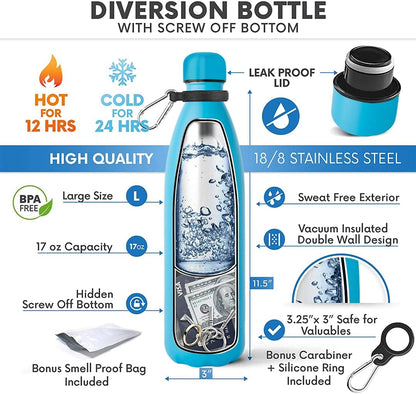 SPECIAL Diversion Safe Water Bottle Can Hidden Bottom for Valuables 17ounce Liquid Capacity Dry Storage Compartment Stainless Steel Vacuum Insulated BONUS with Bag (Silver)