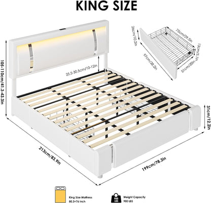 Full Size Bed Frame with RGB LED Lights Headboard & 2 Storage Drawers, Modern Upholstered Faux Leather Smart Platform Bed with Iron Metal Decor, USB & USB-C Charging Ports, No Box Spring Needed, White