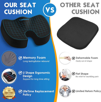 Seat Cushion for Office Desk Chair, Memory Foam, Non-Slip, Cushion Back, Coccyx, Sciatica, Tailbone Pain Relief Butt Pillow for Car, Wheelchair, Black