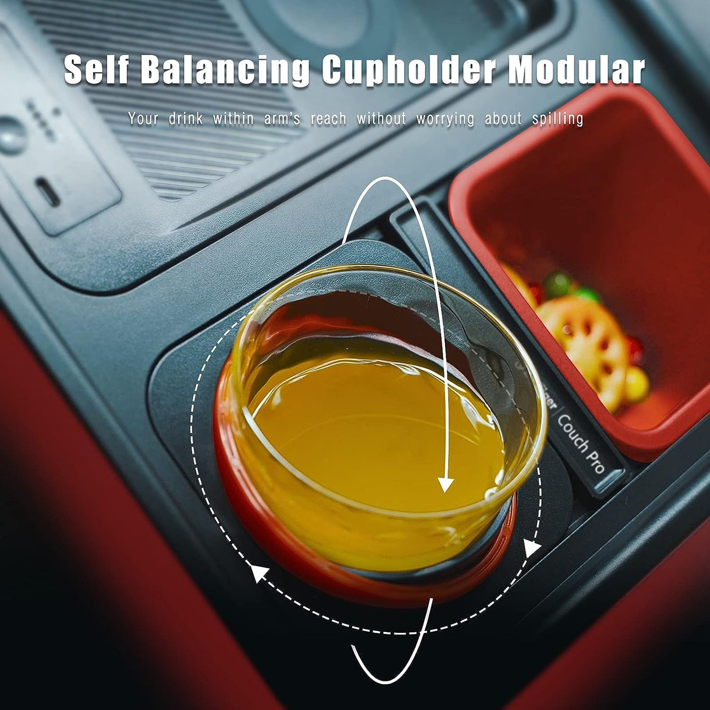 A+ Cup Holder Tray with Wireless Power Bank, Sofa Caddy with Self Balancing Cup Holder & Snack Cup, Sofa Armrest Table Tray, Couch Storage Organizer for Living Room, Car, Game,USB A+C Port