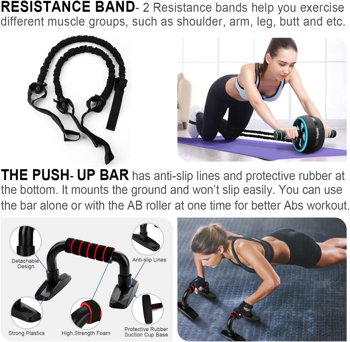 GREAT! GREAT! GREAT! Ab Roller Wheel, 10-In-1 Ab Exercise Wheels Kit with Resistance Bands, Knee Mat, Jump Rope, Push-Up Bar - Home Gym Equipment for Men Women Core Strength & Abdominal Exercise