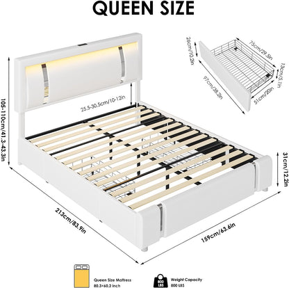 Full Size Bed Frame with RGB LED Lights Headboard & 2 Storage Drawers, Modern Upholstered Faux Leather Smart Platform Bed with Iron Metal Decor, USB & USB-C Charging Ports, No Box Spring Needed, White