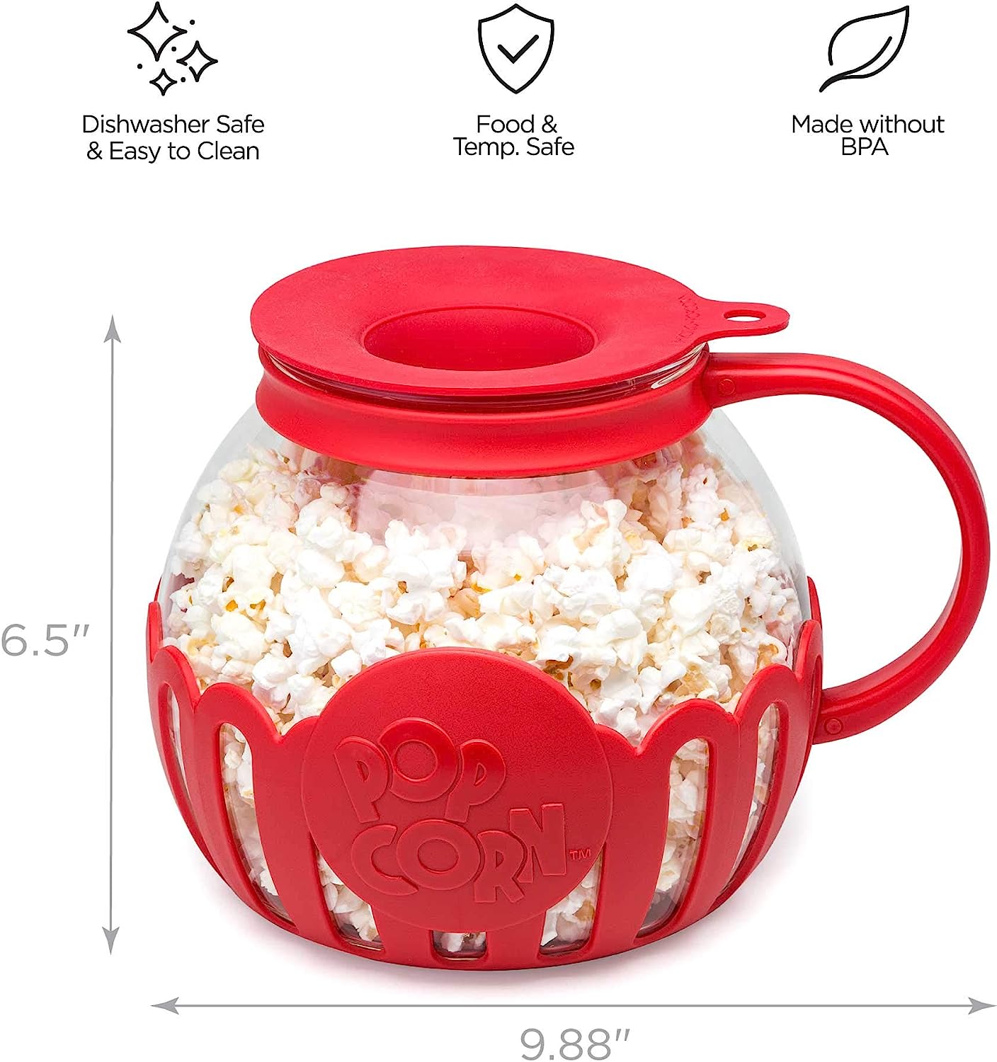 Microwave Popcorn Popper with Temperature Safe Glass, 3-in-1 Lid Measures Kernels and Melts Butter, Made Without BPA, Dishwasher Safe, 3-Quart, Red