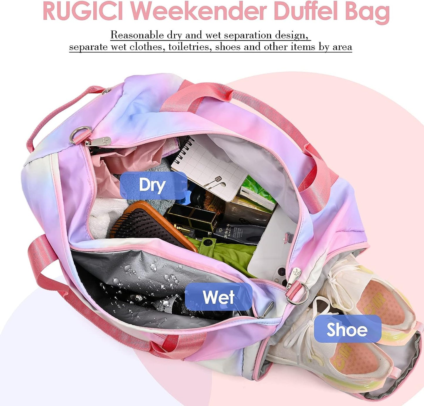 Affordable Travel Duffel Bags for Girls Kids Waterproof Sports Gym Bag for Women, Tie-dye Dance Bag for Girls Teen Overnight Duffel Bag with Shoe Compartment Ballet Small Gym Bag（Pink Rainbow）