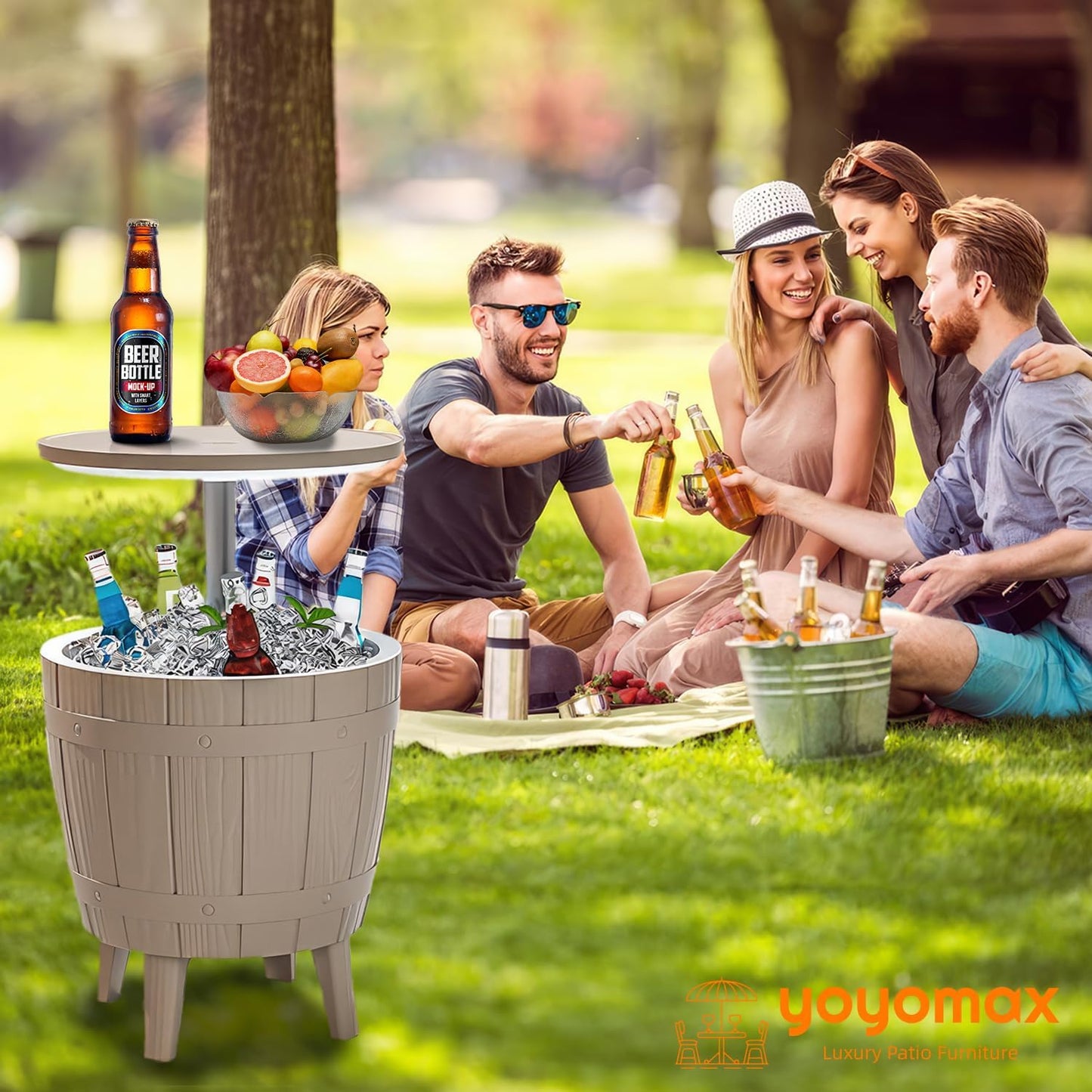 Outdoor Cool Bar Table, 8 Gallon Beer and Wine Cooler Table, Patio Furniture & Hot Tub Side Table, Beverage Cooler, Rattan Style Patio, Cocktail Bar for Patio Pool Party-Grey