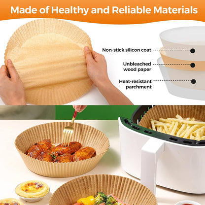 Air Fryer Paper Liners Disposable: 100PCS Round Airfryer Oven Insert Parchment Sheets Grease and Water Proof Non Stick Basket Liners for Baking Cooking.