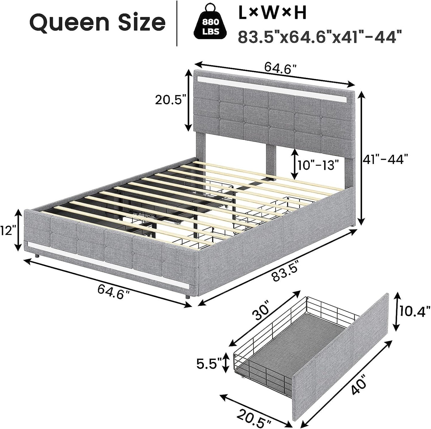 BEAUTIFUL  Bed Frame with LED Lights Headboard Footboard, Platform Bed Frame with 4 Drawers and 2 USB Charging Station, LED Bed Frame with Storage, No Box Spring Needed, Light Grey