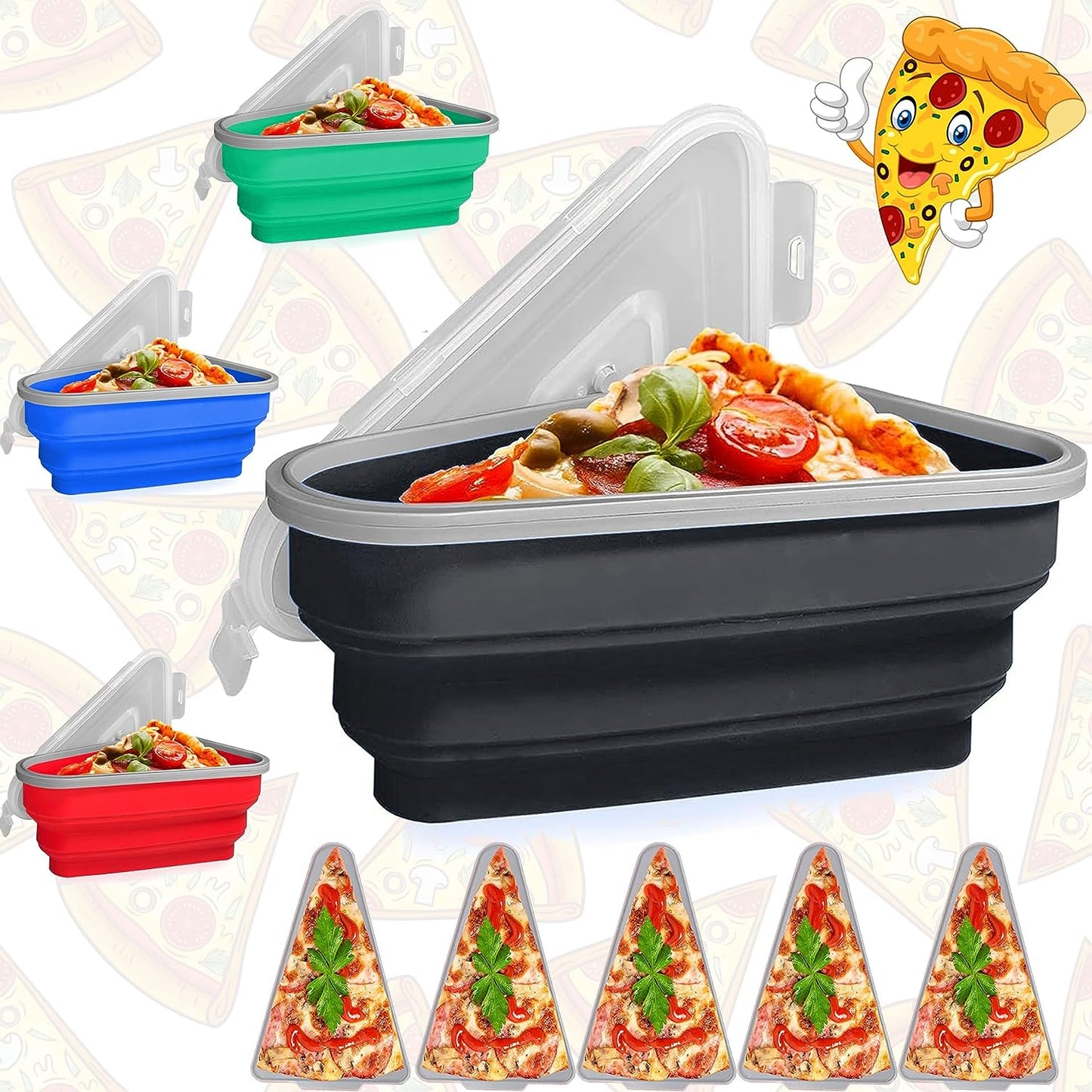 Pizza Storage Container Silicone Collapsible includes 5 trays, Reusable Pizza Storage Container, Saves Fridge Space - Microwave & Dishwasher Safe, Pizza Slice Pack Storage Container Expandable, Leftover Pizza Slice Storage Container Saver, Silic