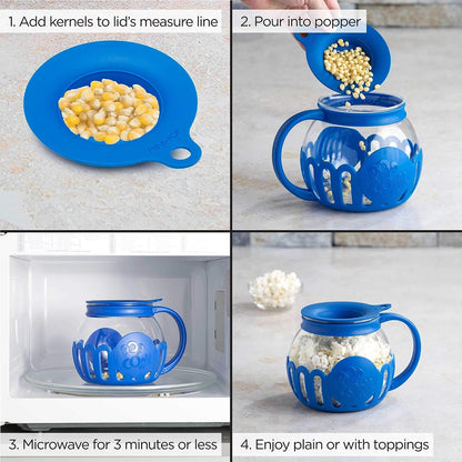 Microwave Popcorn Popper with Temperature Safe Glass, 3-in-1 Lid Measures Kernels and Melts Butter, Made Without BPA, Dishwasher Safe, 3-Quart, Red