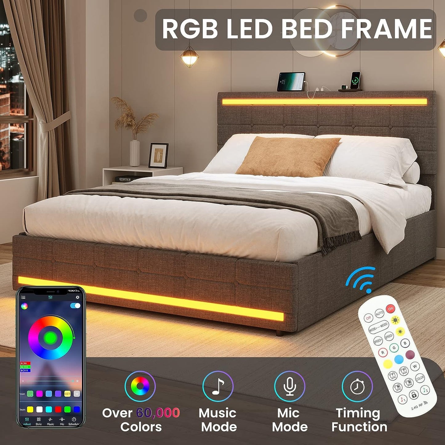 BEAUTIFUL  Bed Frame with LED Lights Headboard Footboard, Platform Bed Frame with 4 Drawers and 2 USB Charging Station, LED Bed Frame with Storage, No Box Spring Needed, Light Grey