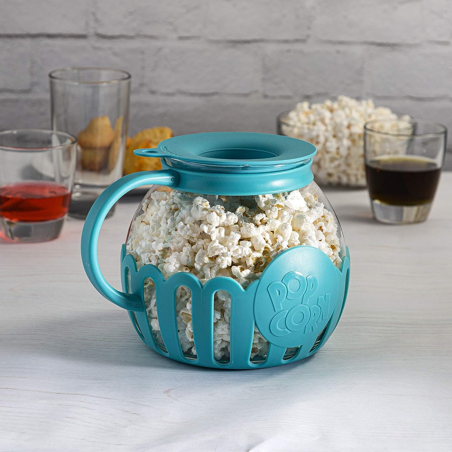 Microwave Popcorn Popper with Temperature Safe Glass, 3-in-1 Lid Measures Kernels and Melts Butter, Made Without BPA, Dishwasher Safe, 3-Quart, Red