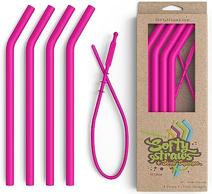 Straws Wide Premium Reusable Silicone Drinking Straws + Patented Straw Squeegee - 9” Long With Curved Bend for 20/30/32oz Tumblers BPA Free Non Rubber, Flexible, Safe for Kids/Toddlers