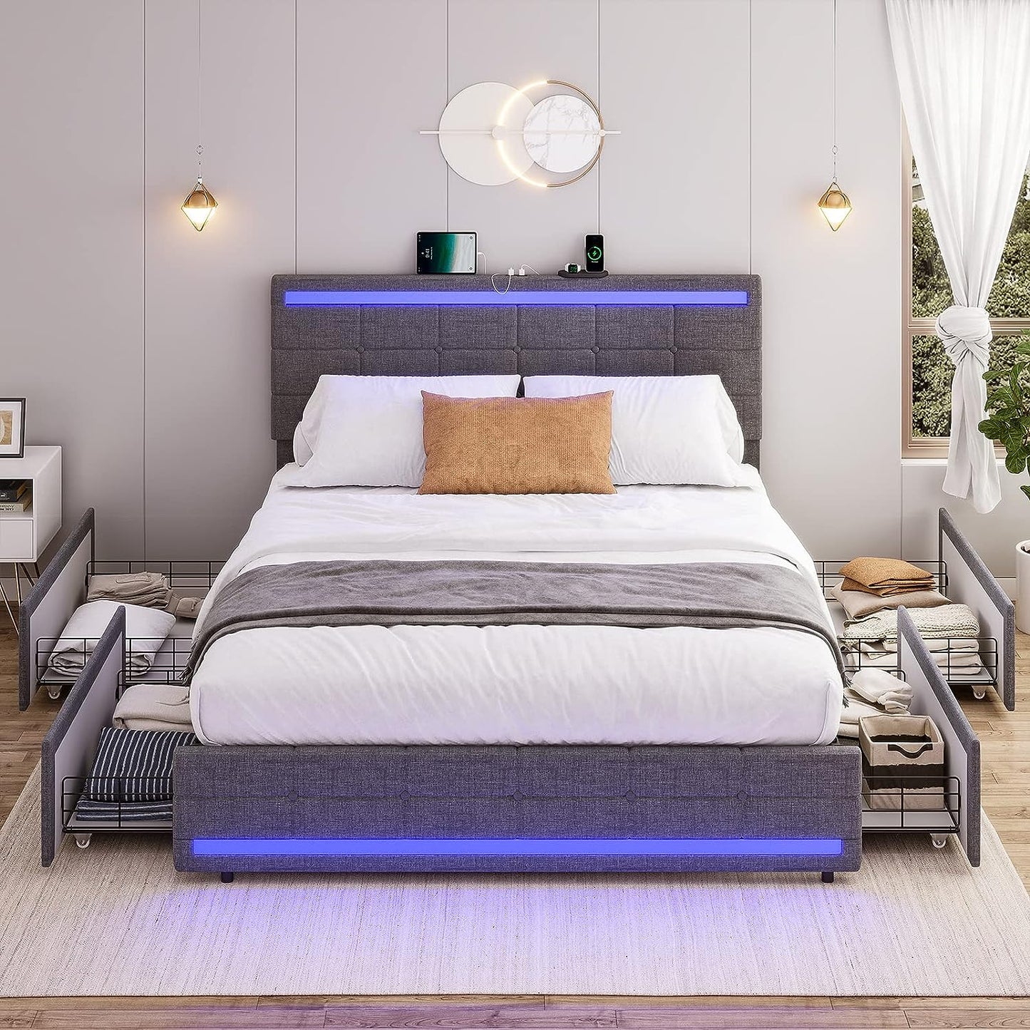 BEAUTIFUL  Bed Frame with LED Lights Headboard Footboard, Platform Bed Frame with 4 Drawers and 2 USB Charging Station, LED Bed Frame with Storage, No Box Spring Needed, Light Grey