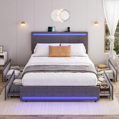 BEAUTIFUL  Bed Frame with LED Lights Headboard Footboard, Platform Bed Frame with 4 Drawers and 2 USB Charging Station, LED Bed Frame with Storage, No Box Spring Needed, Light Grey