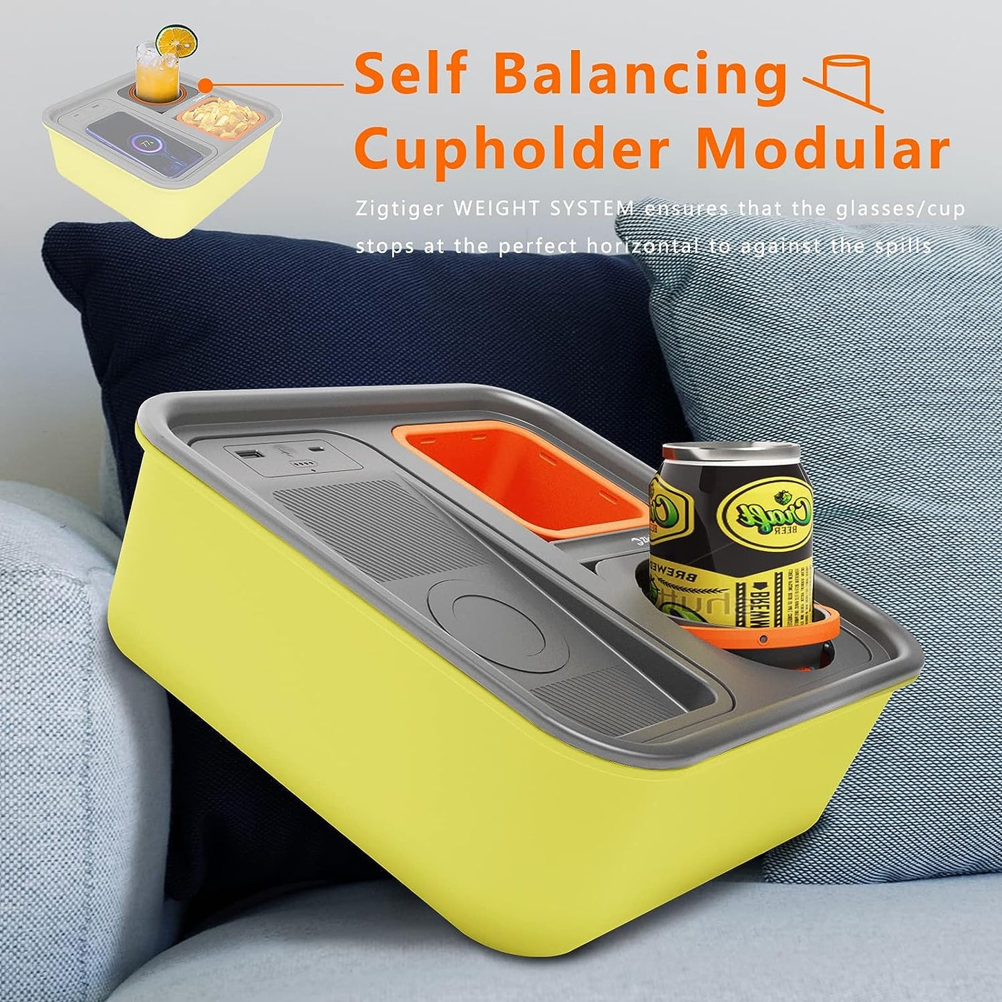 A+ Cup Holder Tray with Wireless Power Bank, Sofa Caddy with Self Balancing Cup Holder & Snack Cup, Sofa Armrest Table Tray, Couch Storage Organizer for Living Room, Car, Game,USB A+C Port