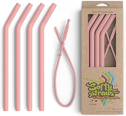 Straws Wide Premium Reusable Silicone Drinking Straws + Patented Straw Squeegee - 9” Long With Curved Bend for 20/30/32oz Tumblers BPA Free Non Rubber, Flexible, Safe for Kids/Toddlers