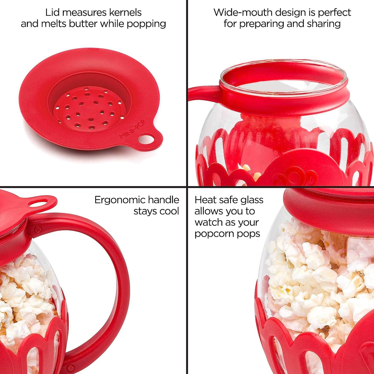 Microwave Popcorn Popper with Temperature Safe Glass, 3-in-1 Lid Measures Kernels and Melts Butter, Made Without BPA, Dishwasher Safe, 3-Quart, Red