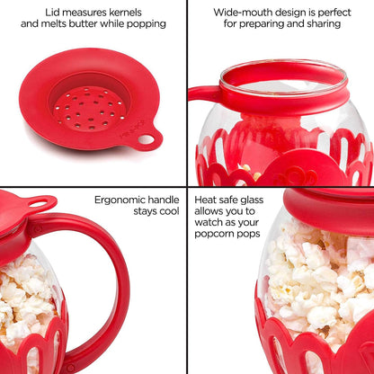 Microwave Popcorn Popper with Temperature Safe Glass, 3-in-1 Lid Measures Kernels and Melts Butter, Made Without BPA, Dishwasher Safe, 3-Quart, Red