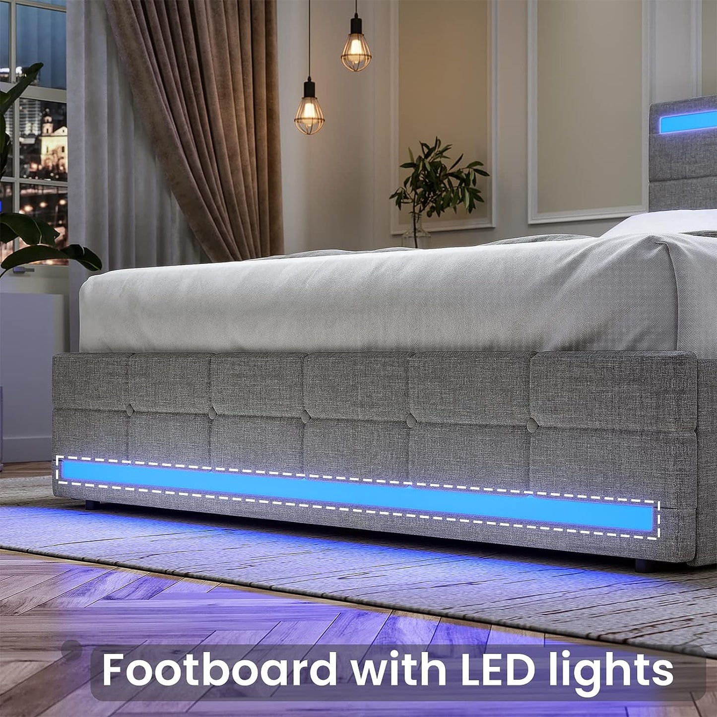 BEAUTIFUL  Bed Frame with LED Lights Headboard Footboard, Platform Bed Frame with 4 Drawers and 2 USB Charging Station, LED Bed Frame with Storage, No Box Spring Needed, Light Grey