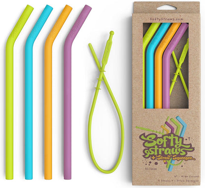 Straws Wide Premium Reusable Silicone Drinking Straws + Patented Straw Squeegee - 9” Long With Curved Bend for 20/30/32oz Tumblers BPA Free Non Rubber, Flexible, Safe for Kids/Toddlers