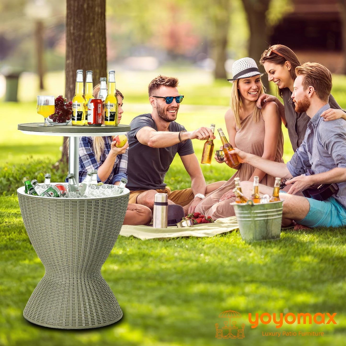 Outdoor Cool Bar Table, 8 Gallon Beer and Wine Cooler Table, Patio Furniture & Hot Tub Side Table, Beverage Cooler, Rattan Style Patio, Cocktail Bar for Patio Pool Party-Grey