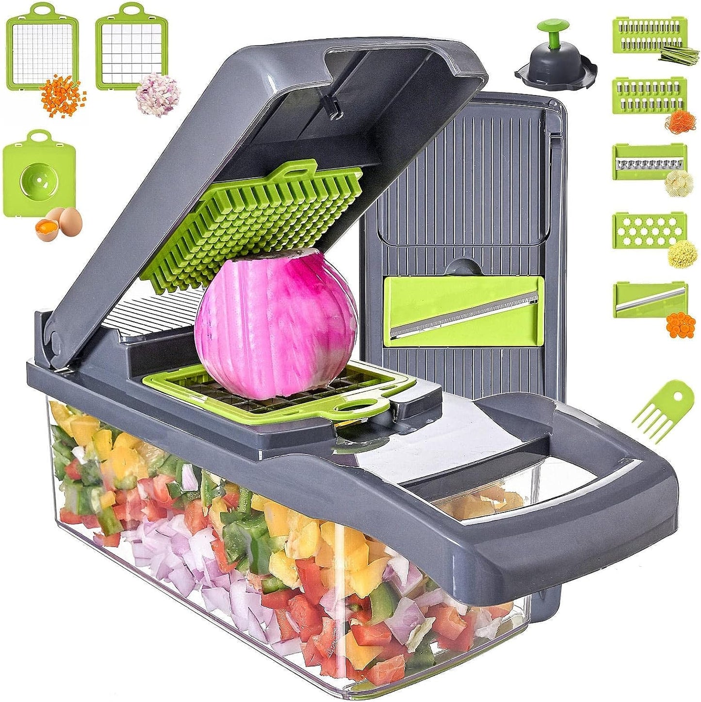 Vegetable Chopper Slicer 16-in-1 with Spice Chopper Set 7 Blades Veggie Dicer Onion Fruit Cutter (gray set)