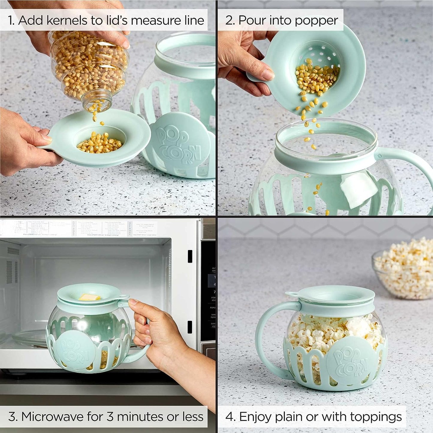 Microwave Popcorn Popper with Temperature Safe Glass, 3-in-1 Lid Measures Kernels and Melts Butter, Made Without BPA, Dishwasher Safe, 3-Quart, Red