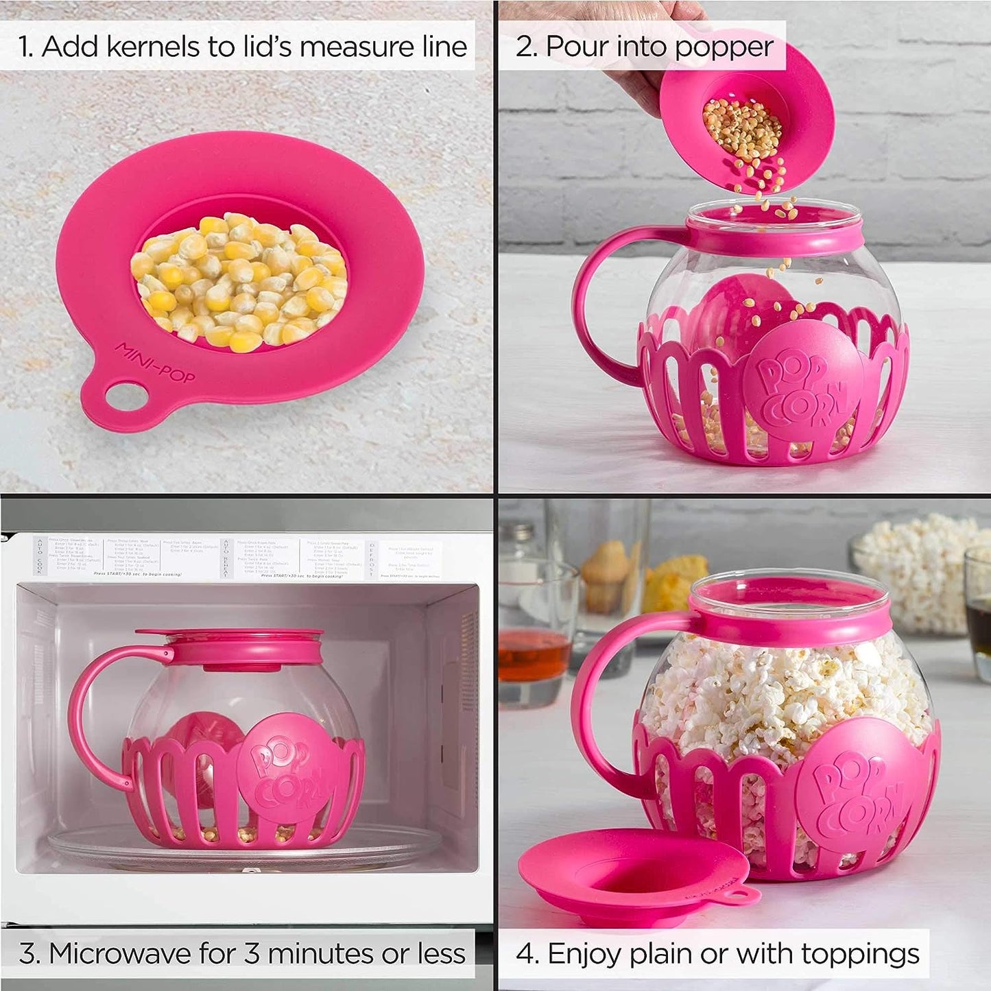 Microwave Popcorn Popper with Temperature Safe Glass, 3-in-1 Lid Measures Kernels and Melts Butter, Made Without BPA, Dishwasher Safe, 3-Quart, Red