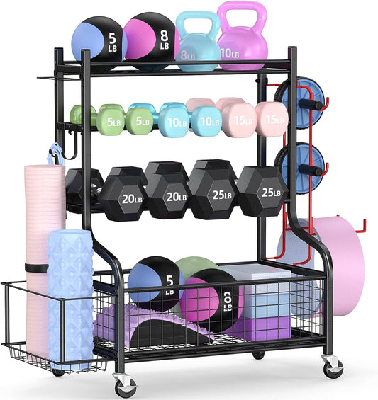 Weight Rack for Dumbbells, Home Gym Storage for Dumbbells Kettlebells Yoga Mat and Balls, All in One Workout Storage with Wheels and Hooks, Powder Coated Finish Steel