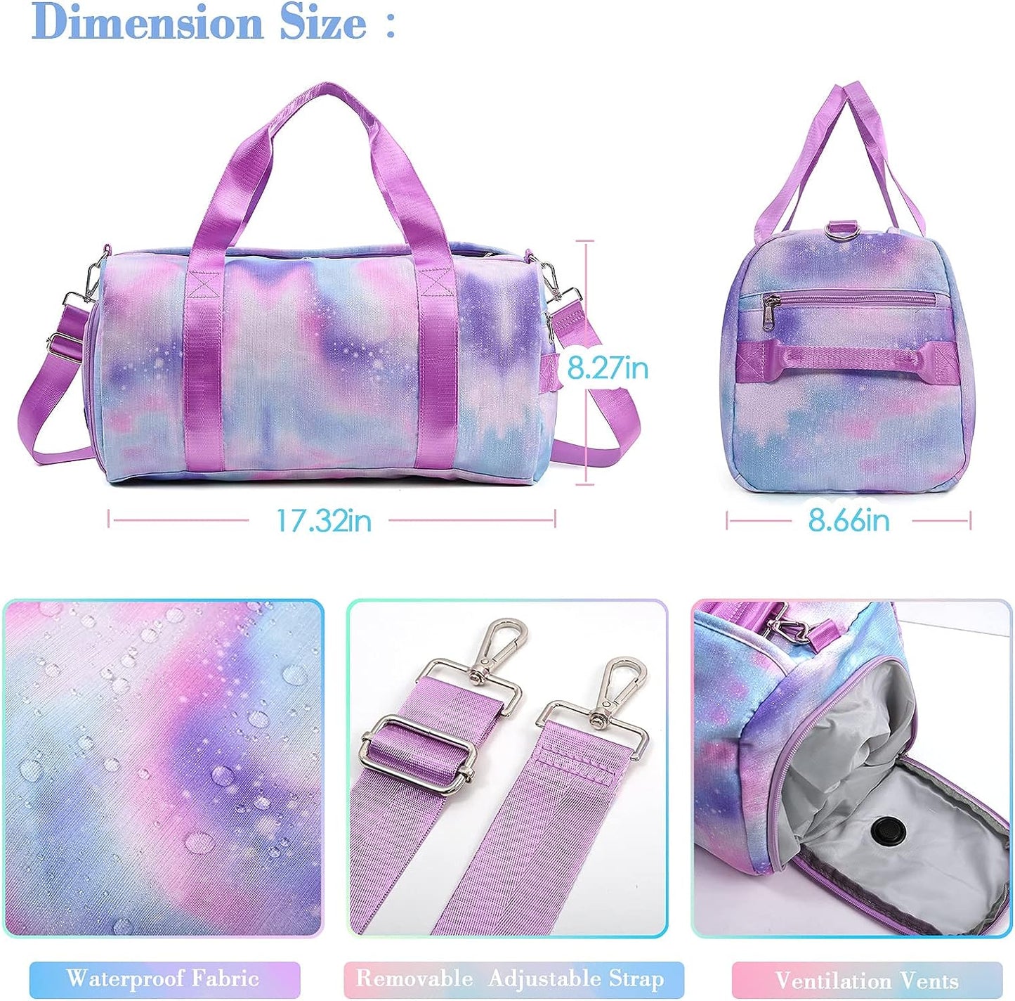 Affordable Travel Duffel Bags for Girls Kids Waterproof Sports Gym Bag for Women, Tie-dye Dance Bag for Girls Teen Overnight Duffel Bag with Shoe Compartment Ballet Small Gym Bag（Pink Rainbow）