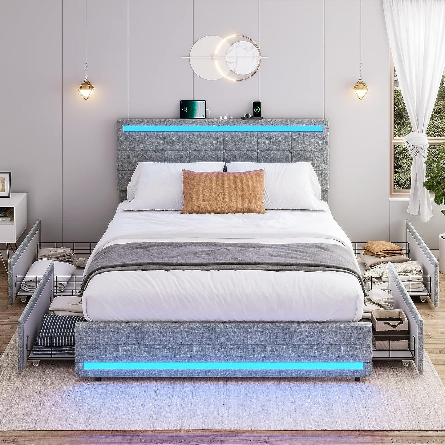 BEAUTIFUL  Bed Frame with LED Lights Headboard Footboard, Platform Bed Frame with 4 Drawers and 2 USB Charging Station, LED Bed Frame with Storage, No Box Spring Needed, Light Grey