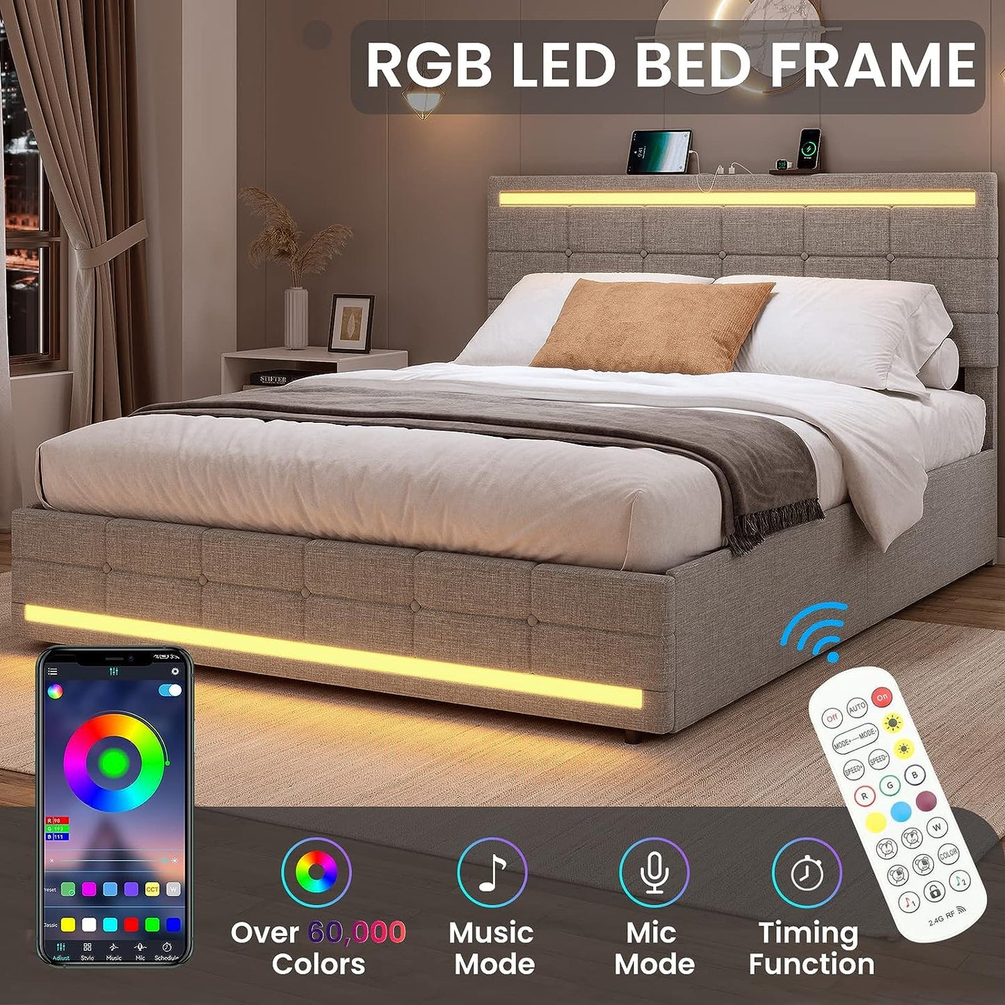 BEAUTIFUL  Bed Frame with LED Lights Headboard Footboard, Platform Bed Frame with 4 Drawers and 2 USB Charging Station, LED Bed Frame with Storage, No Box Spring Needed, Light Grey