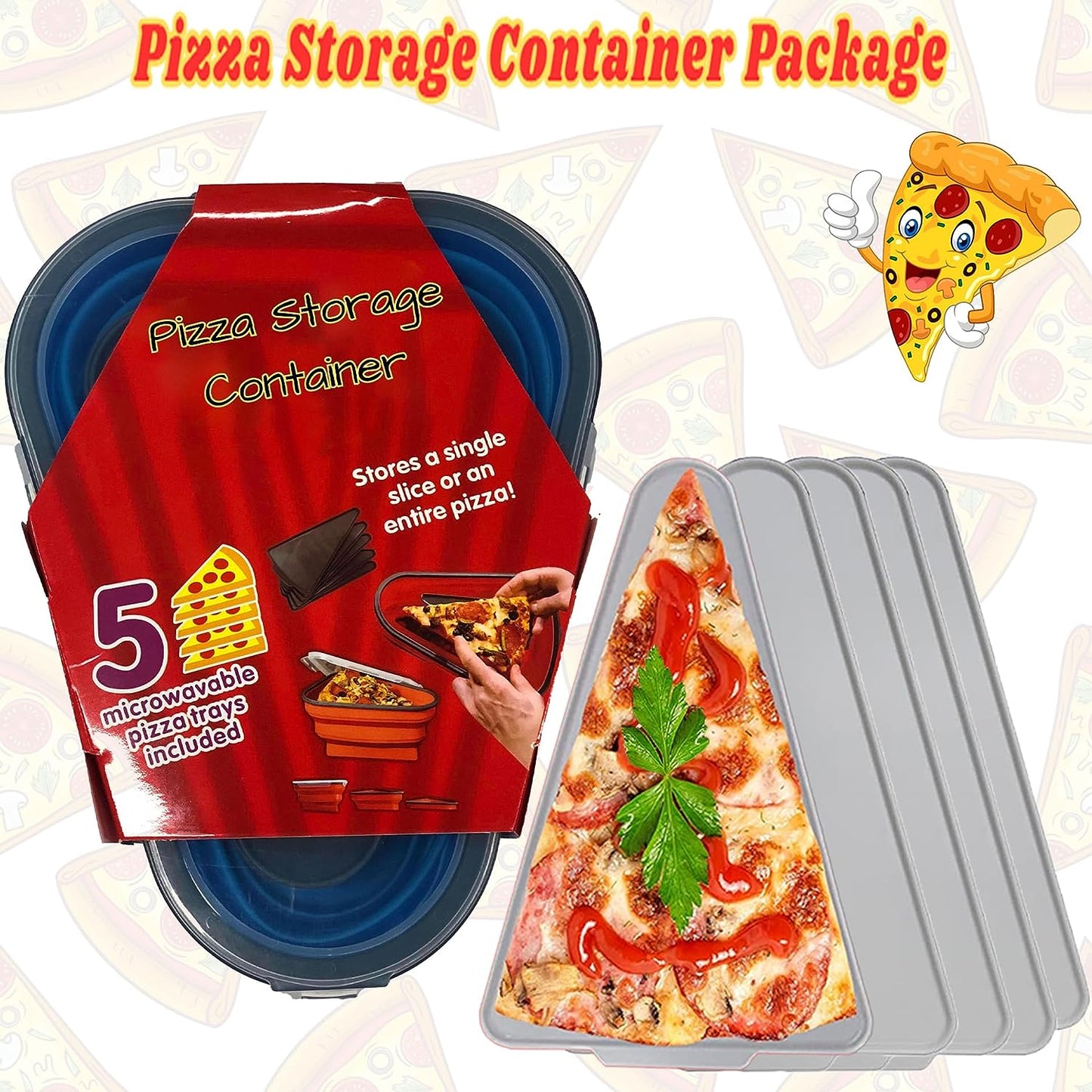 Pizza Storage Container Silicone Collapsible includes 5 trays, Reusable Pizza Storage Container, Saves Fridge Space - Microwave & Dishwasher Safe, Pizza Slice Pack Storage Container Expandable, Leftover Pizza Slice Storage Container Saver, Silic