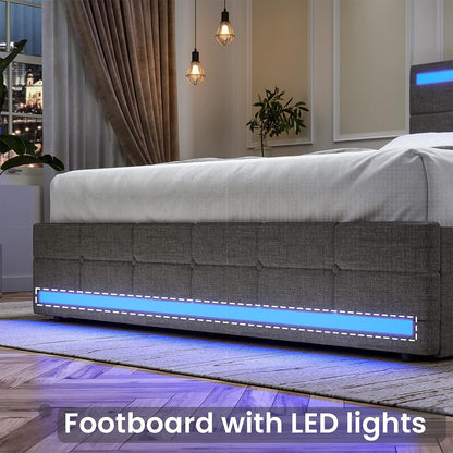 BEAUTIFUL  Bed Frame with LED Lights Headboard Footboard, Platform Bed Frame with 4 Drawers and 2 USB Charging Station, LED Bed Frame with Storage, No Box Spring Needed, Light Grey