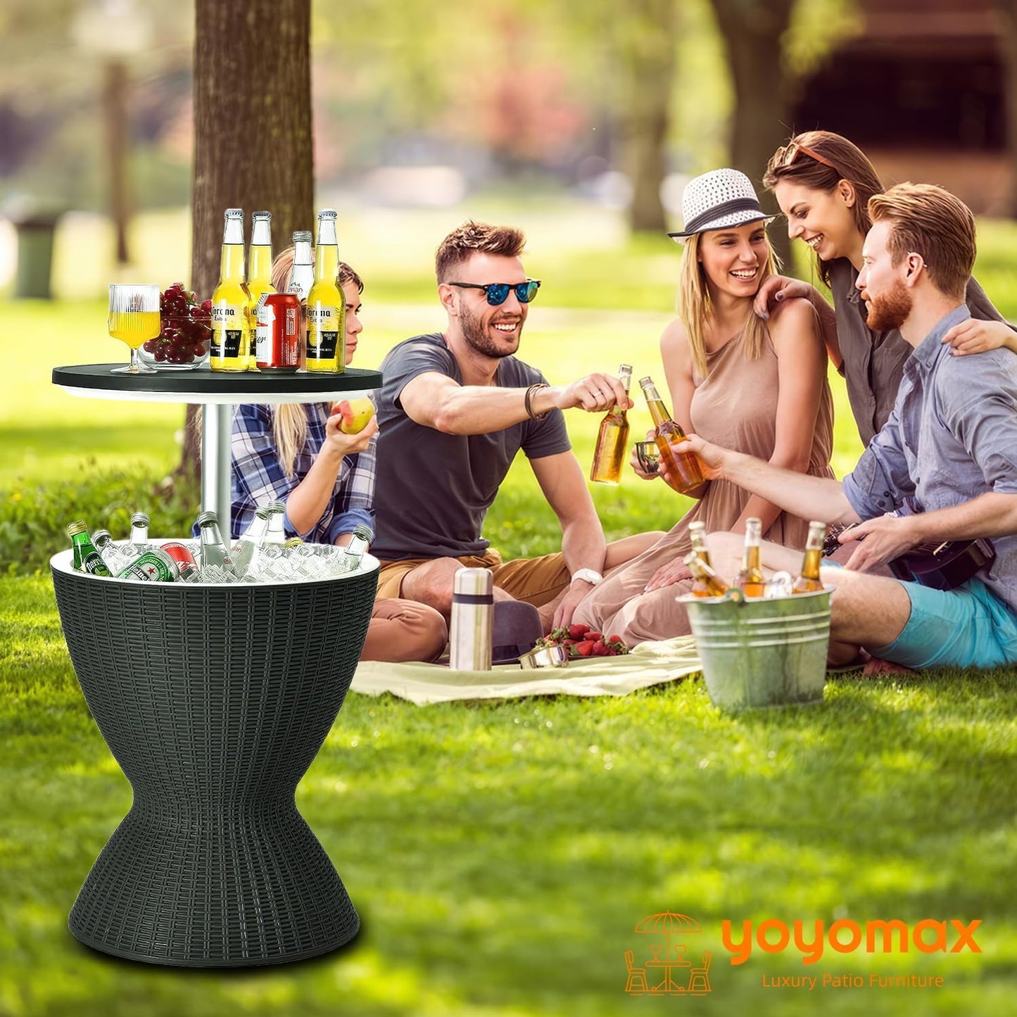 Outdoor Cool Bar Table, 8 Gallon Beer and Wine Cooler Table, Patio Furniture & Hot Tub Side Table, Beverage Cooler, Rattan Style Patio, Cocktail Bar for Patio Pool Party-Grey