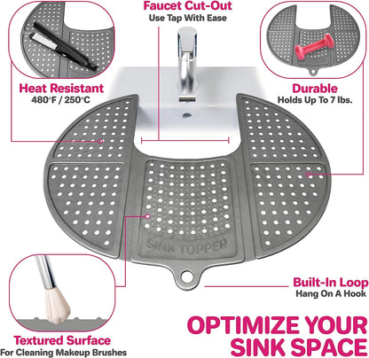 Sink Topper Foldable Sink Cover - Silicone Beauty Makeup Brush Cleaning Mat - Hot Tools Organizer - Bathroom Must Have Accessory for Extra Space & Storage Saver - Traveling - Standard, Black