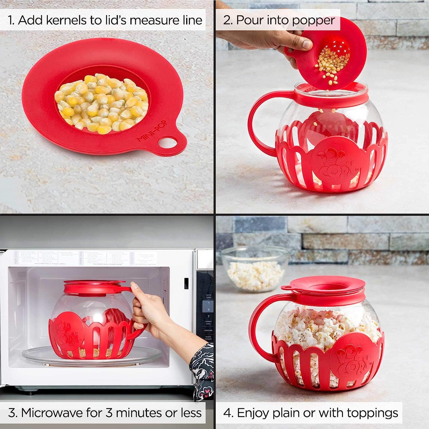 Microwave Popcorn Popper with Temperature Safe Glass, 3-in-1 Lid Measures Kernels and Melts Butter, Made Without BPA, Dishwasher Safe, 3-Quart, Red